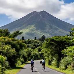Caribbean Holidays, Martinique Cycling, Cyclists climbing a green mountain road beneath Mount Pel&eacute;e in northern Martinique, with lush rainforest and dramatic volcanic scenery
