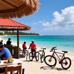 Caribbean Holidays, Martinique Cycling, Cyclists enjoying a relaxed stop at a Martinique beach caf&eacute;, bicycles nearby, colourful local food and turquoise Caribbean water