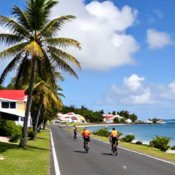 Caribbean Holidays, Martinique Cycling, Cyclists following a quiet coastal road past palm trees, fishing boats and colourful houses in Martinique