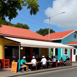 Caribbean Holidays, Martinique Cycling, Cyclists resting at a lively Martinique village caf&eacute; with Creole food, colourful buildings and bicycles outside