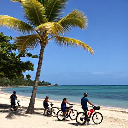 Caribbean Holidays, Martinique Cycling, Cyclists resting beside a tropical beach in Martinique, with bicycles, palm trees and a calm turquoise sea