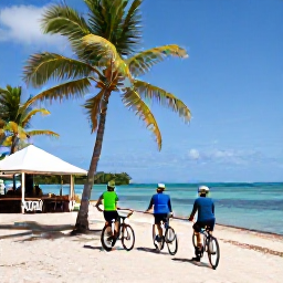Caribbean Holidays, Martinique Cycling, Cyclists stopping beside a Caribbean beach in Martinique, with bicycles, palm trees, turquoise water and a small seaside caf&eacute;