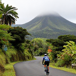 Caribbean Holidays, Martinique Cycling, Experienced cyclist climbing a winding rainforest road towards Mount Pel&eacute;e in northern Martinique, misty green slopes in the background