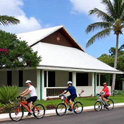 Caribbean Holidays, Martinique Cycling, Friendly cyclists preparing bicycles outside a welcoming hotel in Martinique, tropical garden and palms surrounding the property