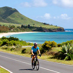 Caribbean Holidays, Martinique Cycling Holidays, A cyclist riding along a quiet coastal road in Martinique, with turquoise sea, green hills and tropical vegetation
