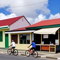 Caribbean Holidays, Martinique Cycling Holidays, A relaxed cyclist stopping in a colourful Martinique village beside a caf&eacute; and market