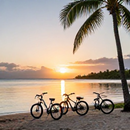 Caribbean Holidays, Martinique Cycling Holidays, Bicycles parked beside a sandy beach in Martinique at sunset, with calm water and palm trees