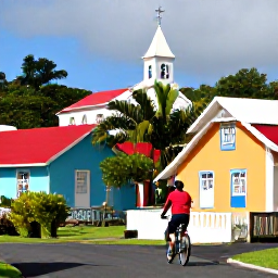 Caribbean Holidays, Martinique Cycling Holidays, Cyclist exploring a colourful Martinique village with Creole houses, a small church and tropical plants