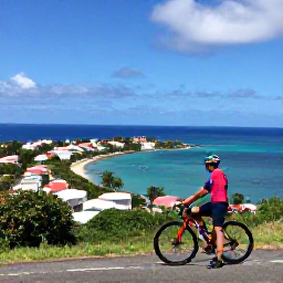 Caribbean Holidays, Martinique Cycling Holidays, Cyclist stopping at a viewpoint overlooking a turquoise bay and colourful coastal village in Martinique