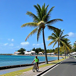 Caribbean Holidays, Martinique Cycling Holidays, Cyclist stopping beside a palm-fringed beach in Martinique, with a small fishing village, vivid blue sea and a quiet road