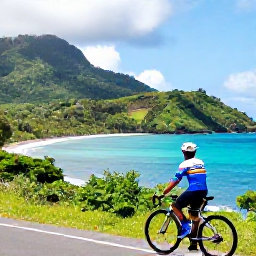 Caribbean Holidays, Martinique Cycling Holidays, Cyclist stopping beside a scenic Martinique viewpoint overlooking a turquoise bay and forested coastline