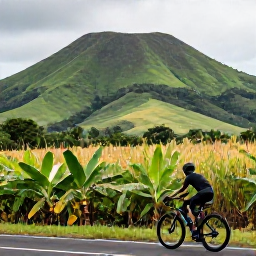 Caribbean Holidays, Martinique Cycling Holidays, Cyclist travelling through lush Martinique countryside, passing banana plantations and sugar cane fields beneath green volcanic hills
