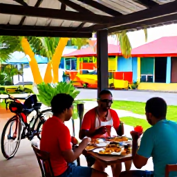 Caribbean Holidays, Martinique Cycling Holidays, Cyclists enjoying a Creole lunch at a shaded terrace in Martinique, with bicycles nearby and colourful tropical surroundings