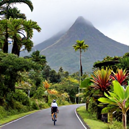 Caribbean Holidays, Martinique Cycling Holidays, Experienced cyclist climbing a lush mountain road near northern Martinique, with rainforest, misty volcanic slopes and tropical plants