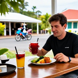 Caribbean Holidays, Martinique Cycling Holidays, Friendly cyclist enjoying a Creole lunch and cold drink at an outdoor caf&eacute; in a Martinique village