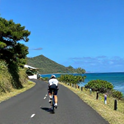 Caribbean Holidays, Martinique Cycling Holidays, Road cyclist riding along a quiet coastal road in Martinique in April, with tropical hills and blue Caribbean sea