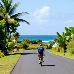 Caribbean Holidays, Martinique Cycling Holidays, Road cyclist riding along a quiet coastal road in Martinique in bright March sunshine, with tropical vegetation and the Caribbean Sea in the background