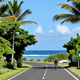Caribbean Holidays, Martinique Cycling Holidays, Road cyclist riding along a quiet coastal road in Martinique in October, with tropical greenery and the Caribbean Sea