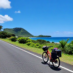Caribbean Holidays, Martinique Cycling Holidays, Touring bicycle and helmet beside a sunny Martinique road, with a scenic coastline, tropical hills and clear blue sky