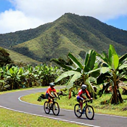 Caribbean Holidays, Martinique Cycling, Road cyclist passing banana plantations and green hills on a scenic Martinique island route