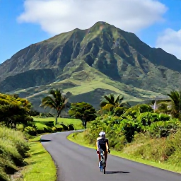 Caribbean Holidays, Martinique Cycling, Road cyclist riding through lush tropical hills in Martinique during August, with volcanic mountains and bright green vegetation