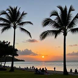Caribbean Holidays, Martinique December, A Martinique sunset over the Caribbean Sea, with palm silhouettes, warm evening light and holidaymakers relaxing on a beach