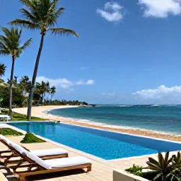 Caribbean Holidays, Martinique December, A stylish Martinique all-inclusive resort beside a tropical beach, with a swimming pool, sun loungers and guests enjoying a relaxed December holiday