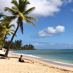 Caribbean Holidays, Martinique December, Backpacker relaxing on a quiet sandy beach near Sainte-Anne with turquoise sea and coconut palms