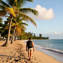 Caribbean Holidays, Martinique December, Backpacker walking along a palm-fringed Caribbean beach in Martinique under warm December sunshine