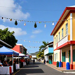 Caribbean Holidays, Martinique December Holidays, Colourful Fort-de-France street decorated for Christmas, with local people, market stalls and tropical Caribbean architecture