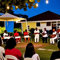 Caribbean Holidays, Martinique December Holidays, Martinique village evening with musicians performing traditional Caribbean music and families enjoying a festive cultural celebration