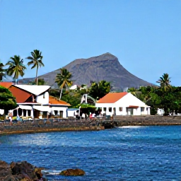 Caribbean Holidays, Martinique December Holidays, Sunny Martinique coastline in December with visitors exploring a historic village, palm trees, blue sea and volcanic hills
