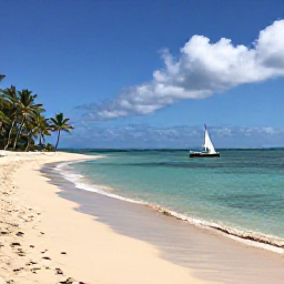 Caribbean Holidays, Martinique December Trips, A calm tropical beach in Martinique in December, with clear turquoise water, soft sand, palm trees and a small sailing boat