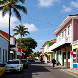 Caribbean Holidays, Martinique December Trips, A lively December street scene in Fort-de-France, Martinique, with colourful buildings, palm trees and festive decorations