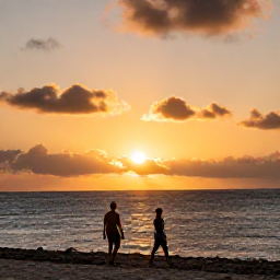 Caribbean Holidays, Martinique December Trips, A relaxed December sunset over the Martinique coastline, with a couple walking beside the sea and warm light on the water