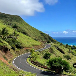 Caribbean Holidays, Martinique December Trips, A scenic Martinique road winding through lush hills towards the coast, with tropical vegetation and distant sea views
