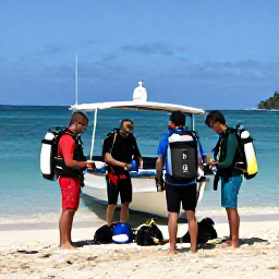 Caribbean Holidays, Martinique Diving, A friendly scuba diving group preparing equipment beside a small boat on a Martinique beach
