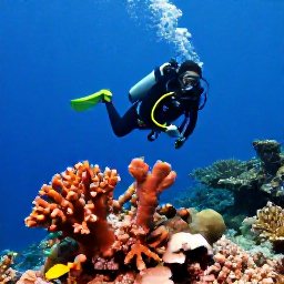 Caribbean Holidays, Martinique Diving, A scuba diver swimming beside colourful coral, sponges and tropical fish on a Martinique reef