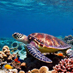 Caribbean Holidays, Martinique Diving, Close underwater view of a sea turtle, colourful reef fish and coral in Martinique&rsquo;s clear Caribbean waters