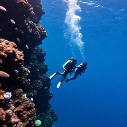 Caribbean Holidays, Martinique Diving, Divers descending beside a volcanic underwater wall near Saint-Pierre, Martinique, with blue Caribbean water and reef fish