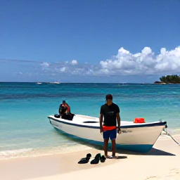 Caribbean Holidays, Martinique Diving, Friendly Martinique dive guide preparing equipment beside a small boat at a sunny Caribbean beach