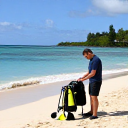 Caribbean Holidays, Martinique Diving, Friendly Martinique dive instructor helping holidaymakers prepare scuba equipment beside a tropical beach