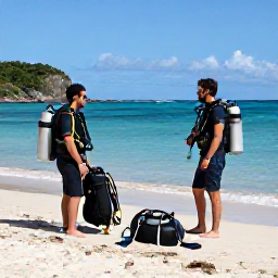 Caribbean Holidays, Martinique Diving, Friendly scuba divers checking equipment beside a tropical beach in Martinique