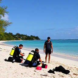 Caribbean Holidays, Martinique Diving, Friendly scuba diving group preparing equipment beside a tropical beach in Martinique on a sunny March morning