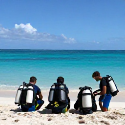 Caribbean Holidays, Martinique Diving January, Friendly Martinique dive instructors preparing scuba equipment on a sunny beach beside turquoise water