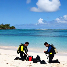 Caribbean Holidays, Martinique Diving July, Scuba divers preparing equipment on a sunny Martinique beach beside a calm turquoise bay