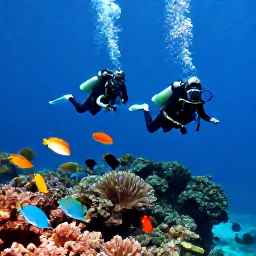 Caribbean Holidays, Martinique Diving July, Small group of scuba divers descending beside a volcanic reef near Martinique, with tropical fish and blue water