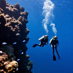 Caribbean Holidays, Martinique Diving June, Divers descending beside a volcanic underwater cliff near Saint-Pierre, Martinique, with tropical fish