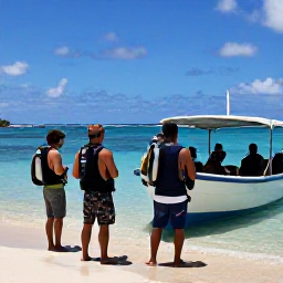 Caribbean Holidays, Martinique Diving June, Friendly scuba diving instructor briefing visitors beside a small boat on a sunny Martinique beach