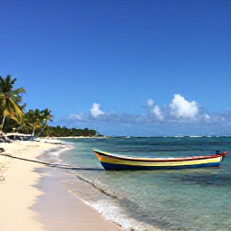 Caribbean Holidays, Martinique Diving June, Relaxed Caribbean beach near a Martinique dive centre with palm trees, clear water and colourful fishing boats